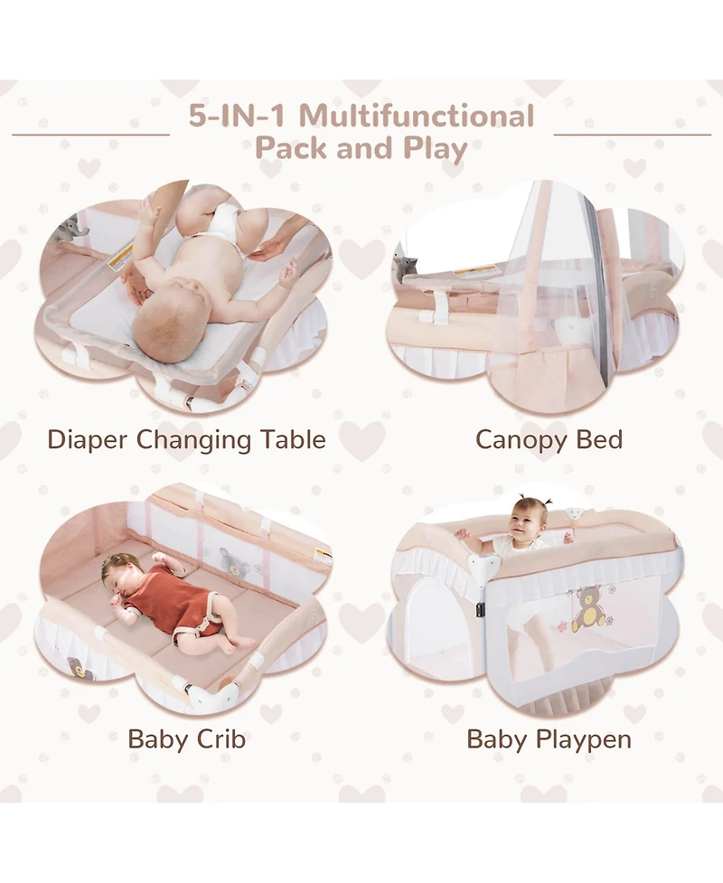 Costway Girls ortable Playpen Crib Cradle Bassinet Changing Pad Mosquito Net Toys w Bag