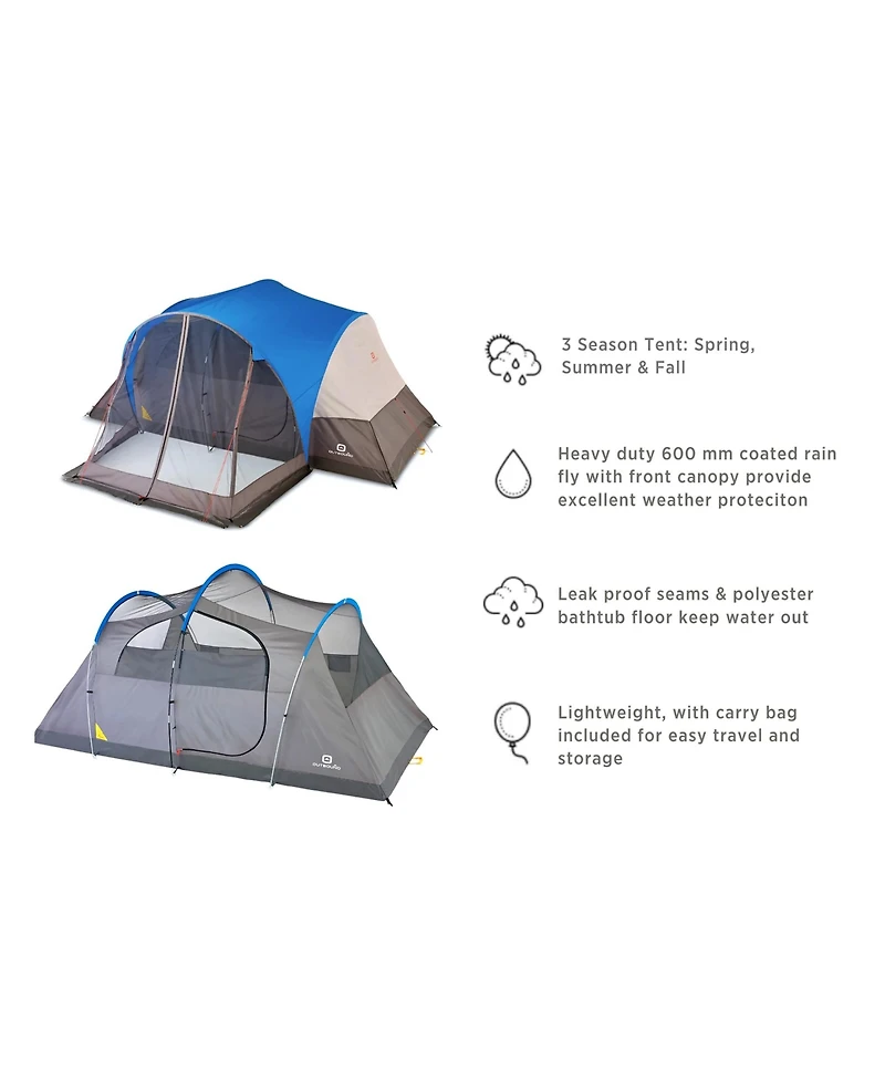 Outbound 8 Person 3 Season Easy Up Camping Dome Tent with Rainfly & Porch, Blue