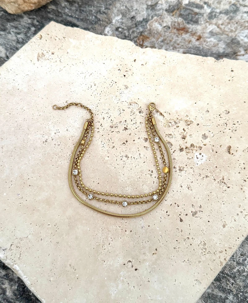 Adornia Tarnish Resistant Gold Crystal Layered 3-Chain Bracelet