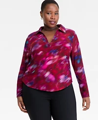 I.n.c. International Concepts Plus Printed Collared Mesh Top, Macy's Exclusive