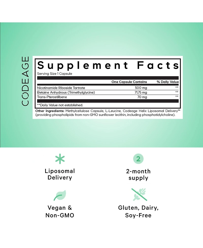 Codeage Liposomal Nicotinamide Riboside+ Supplement - 500 mg Nicotinamide Riboside - Betaine Anhydrous, Trans-Pterostilbene