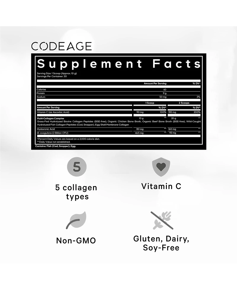 Codeage Multi Collagen Peptides Powder + Probiotics Black Edition, Vitamin C, Hyaluronic Acid Powder Supplement, Grass-Fed, Hydrolyzed, Zero Carbs, Ty