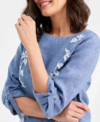 Charter Club Women's 100% Linen Floral-Embroidered 3/4-Sleeve Top, Macy's Exclusive