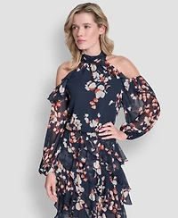 Dkny Petite Mock Neck Ruffles Short Dress