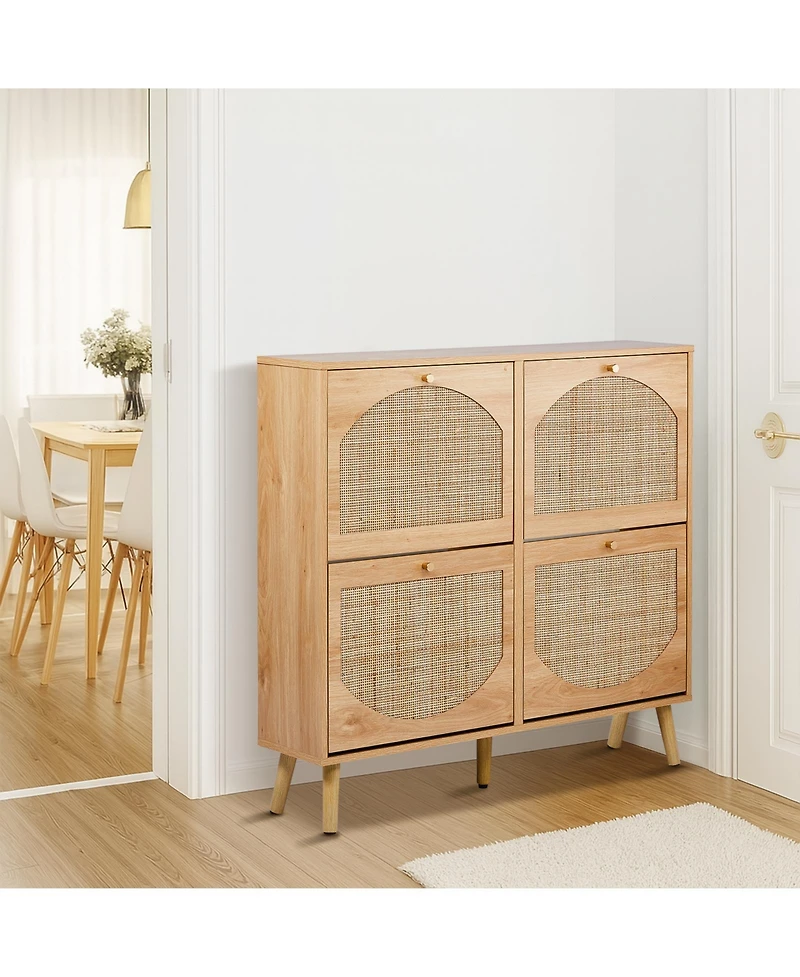 Slickblue Shoe Cabinet with 2 Rows of 4 Dump Buckets High Feet Arched Rattan Surface