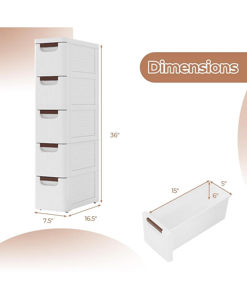 Volenca 5-Drawer Rolling Organizer Unit Narrow Storage Cabinet with Built-In Wheels for Small Space