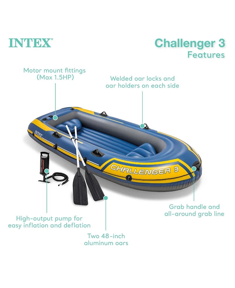 Intex 68370EP Challenger 3 Inflatable Raft Boat Set With Pump And Oars, Blue