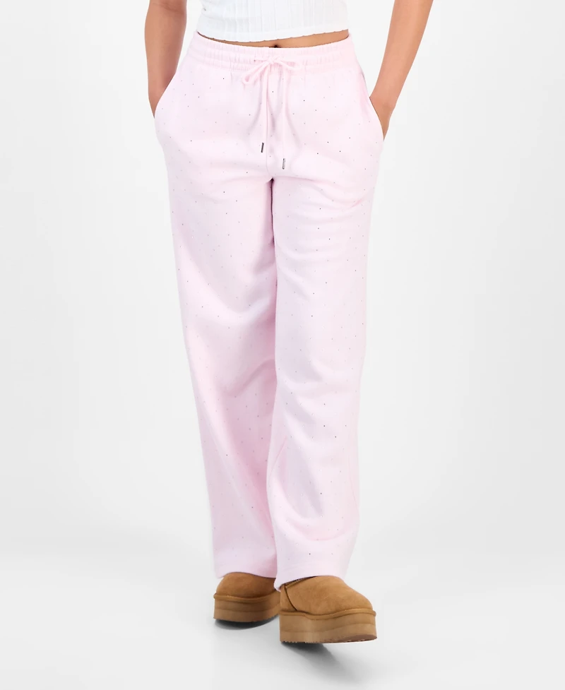 Madden Girl Juniors' Rhinestone-Front Wide-Leg Sweatpants