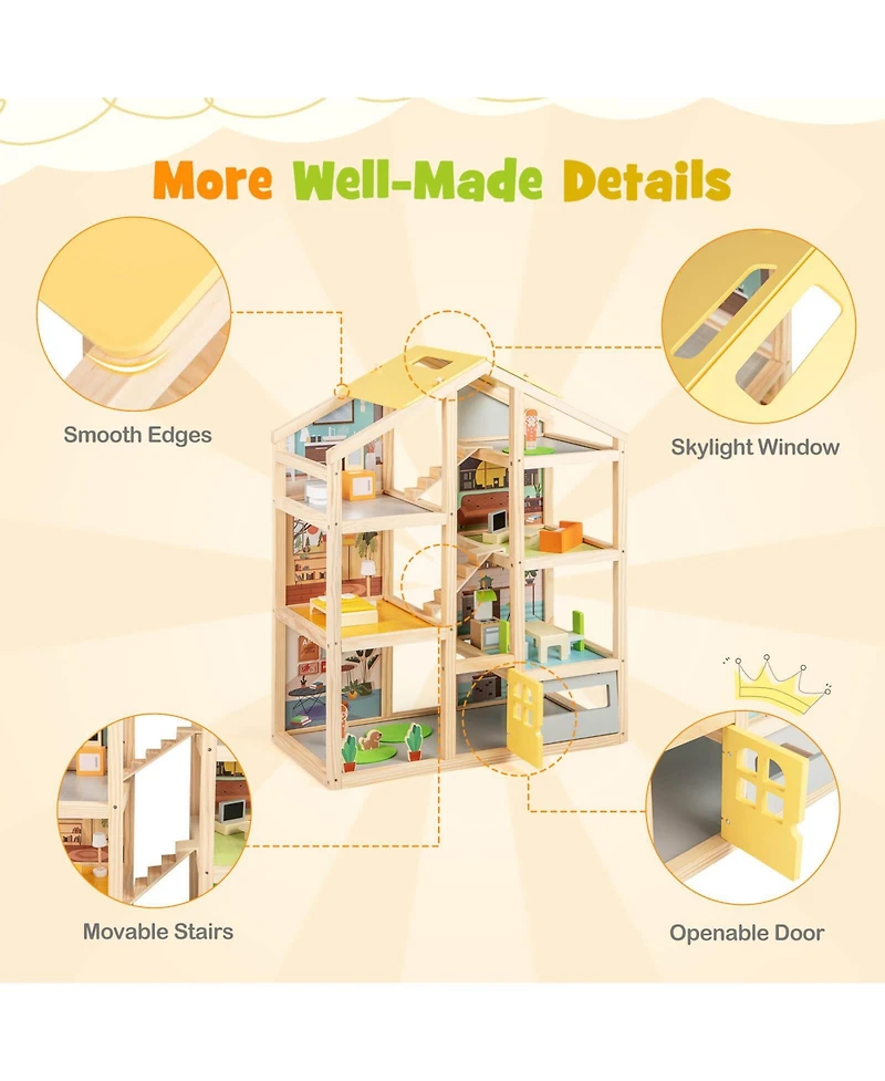 Kids Wooden Dollhouse with 7 Rooms 18 Pcs Furniture Accessories 2 Figures