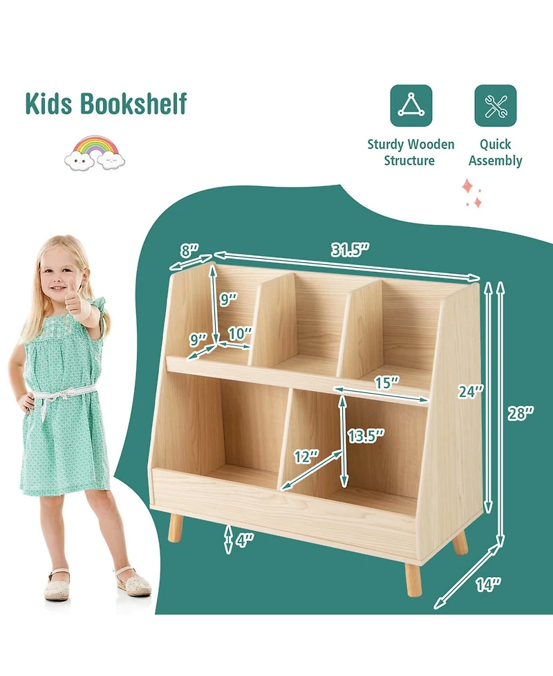 Costway 5-Cube Kids Bookshelf and Toy Organizer Wooden Storage Bookcase with Wood Legs