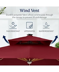 Best Choice Products 10ft Square Woodgrain Pattern 2-Tier Outdoor Solar Led Cantilever Umbrella w/ Base