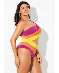 Swimsuits for All Women's One Shoulder Color Block Cutout Piece Swimsuit