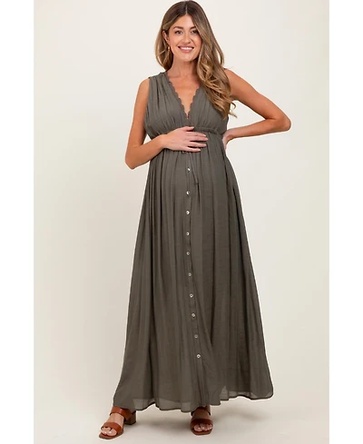 Pinkblush Olive Deep V-Neck Sleeveless Button Down Maternity Maxi Dress
