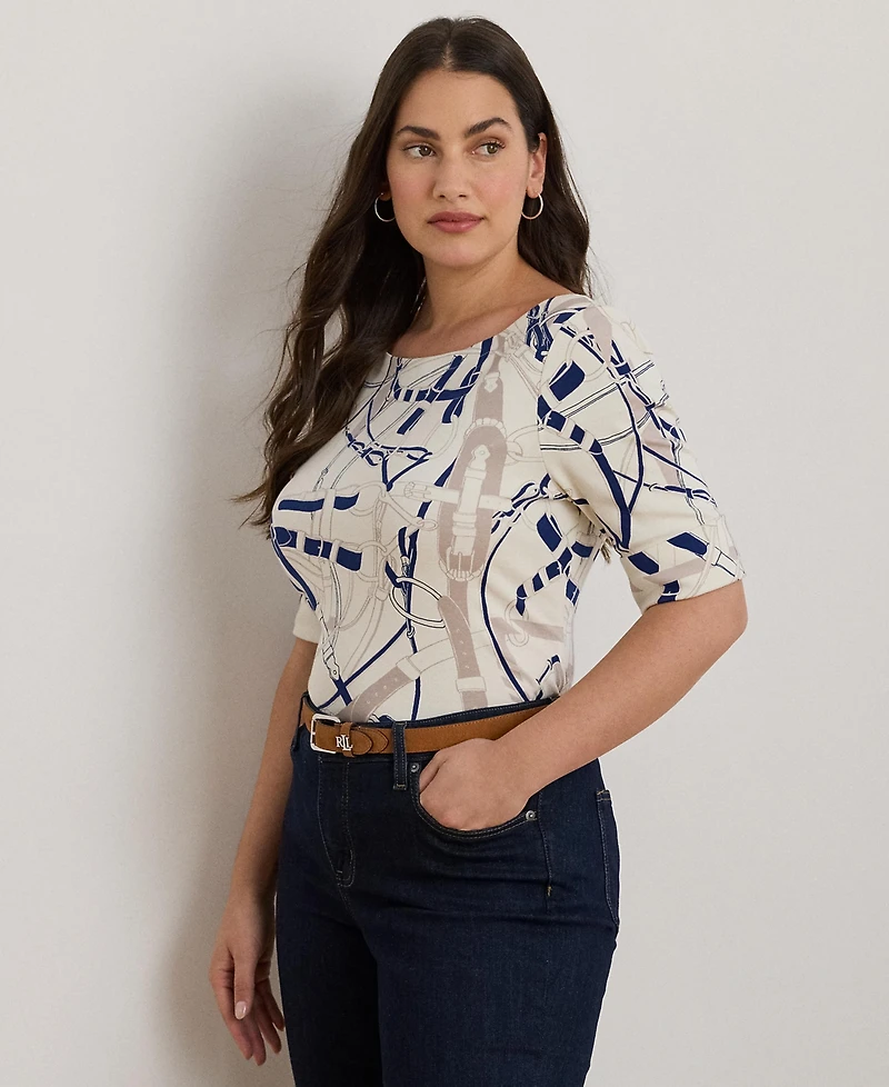 Lauren Ralph Plus Belting Print Boat Neck Top