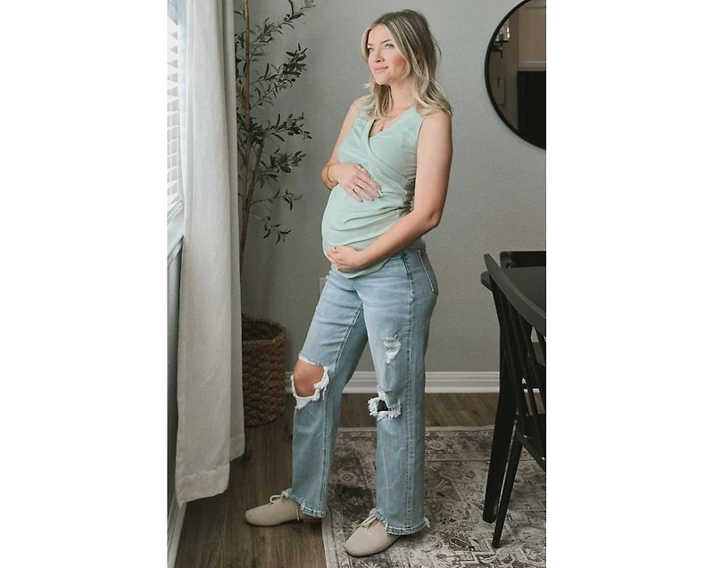 Pinkblush Light Blue Distressed Cutout Maternity Straight Leg Ankle Jeans