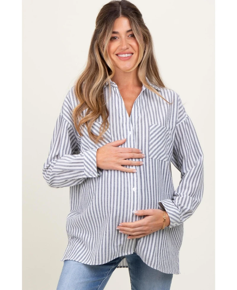 Pinkblush Maternity Navy Striped Double Pocket Button Down Top