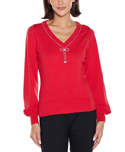 Belldini Women's V-Neck Rhinestone-Bow Sweater
