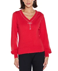 Belldini Women's V-Neck Rhinestone-Bow Sweater