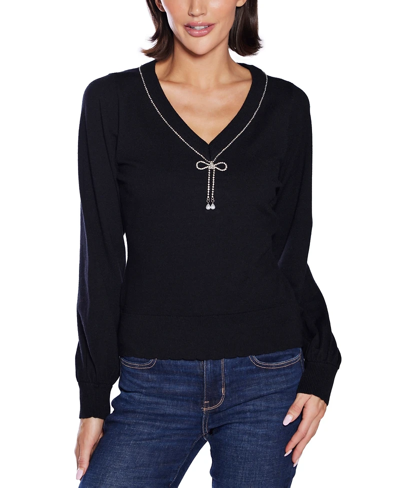 Belldini Women's V-Neck Rhinestone-Bow Sweater