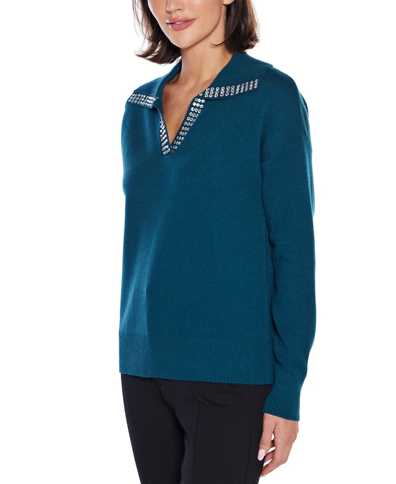 Belldini Women's Rhinestone-Trimmed Split-Neck Sweater