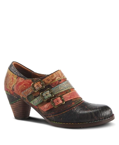 L Artiste Women s Graphic Handpainted Floral Leather Shooties with Antique Buckle and Stacked Heel