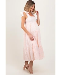 Pinkblush Maternity Light Pink Gingham Lace Trim Shoulder Tie Maxi Dress