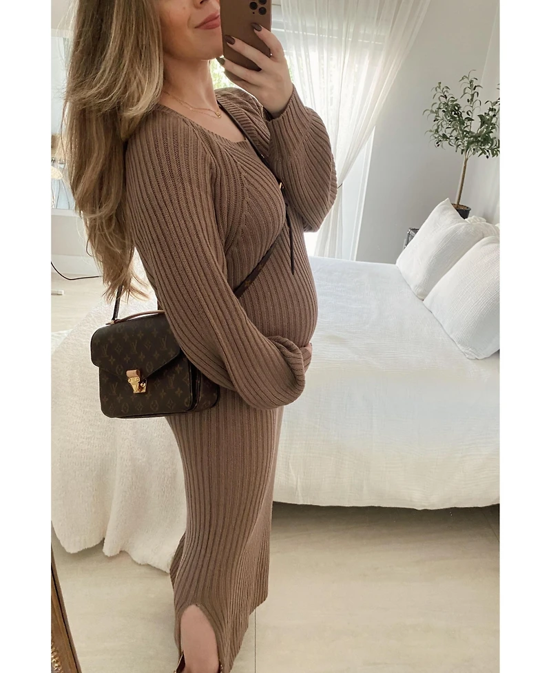 Pinkblush Women's Mauve Side Slit Maternity Maxi Sweater Dress