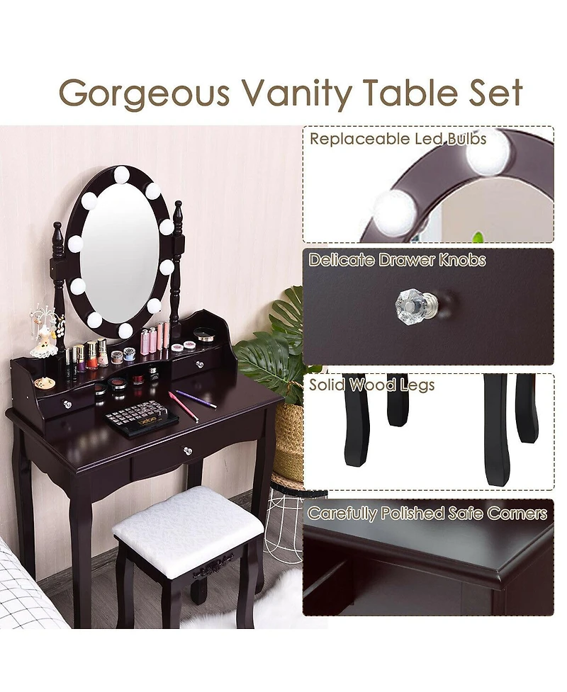 Oval Mirror Vanity Set with 10 Led Dimmable Bulbs and 3 Drawers