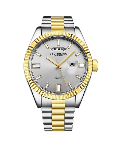 Stuhrling Statesman 4070 Men s Watch – Two-Tone Bracelet, Silver Dial, Day-Date Quartz, 42mm Fluted Bezel