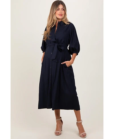 Pinkblush Maternity Navy 3/4 Bubble Sleeve Midi Shirt Dress