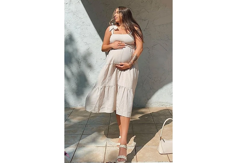 Pinkblush Maternity Beige Bow Strap Tiered Midi Dress
