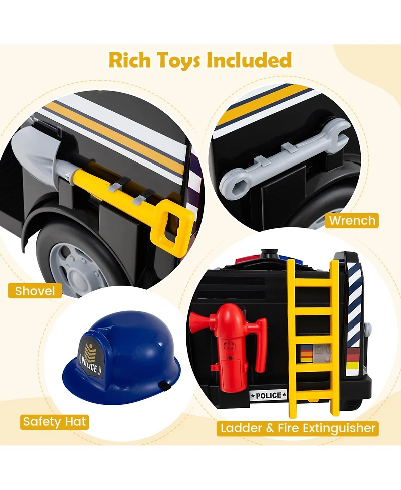 Police Car Ride on, 12V Electric Cop Truck Kids w/Shovel & Wrench, Fire Extinguisher, Ladder, Safety Hat, 4 Anti-Slip Wheels, Music, Alarm, Horn,