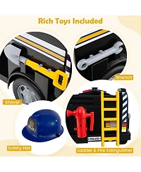 Police Car Ride on, 12V Electric Cop Truck Kids w/Shovel & Wrench, Fire Extinguisher, Ladder, Safety Hat, 4 Anti-Slip Wheels, Music, Alarm, Horn,