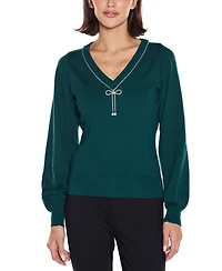 Belldini Women's V-Neck Rhinestone-Bow Sweater