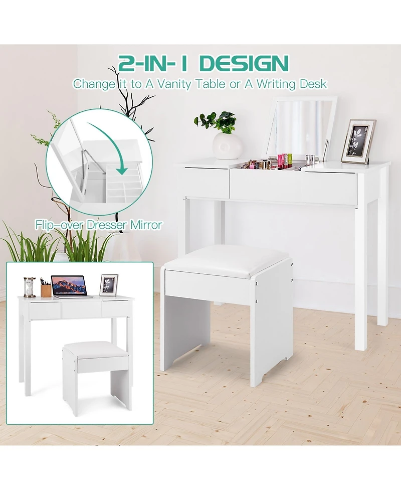 Volenca Vanity Makeup Dressing Table Set with Flip Top Mirror and Cushioned Stool
