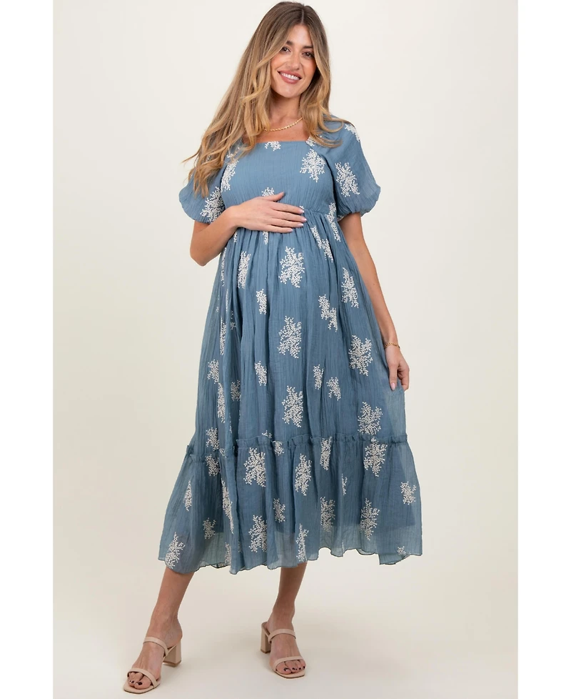 Pinkblush Maternity Blue Floral Print Ruffle Hem Midi Dress