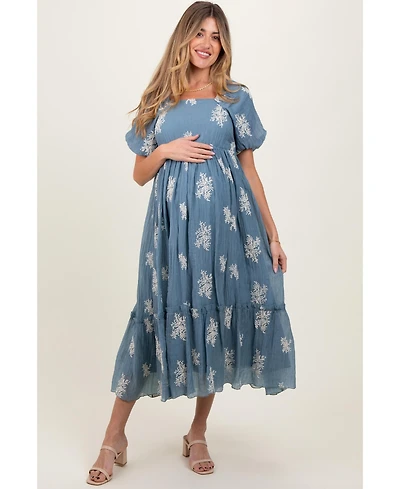 Pinkblush Maternity Blue Floral Print Ruffle Hem Midi Dress