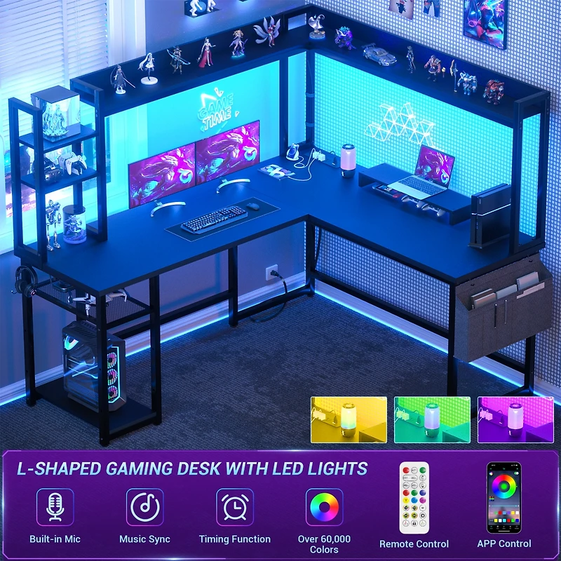 Aheaplus L-Shaped Desk with Hutch & Power Outlet, Corner Computer Led Lights