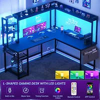 Aheaplus L-Shaped Desk with Hutch & Power Outlet, Corner Computer Led Lights