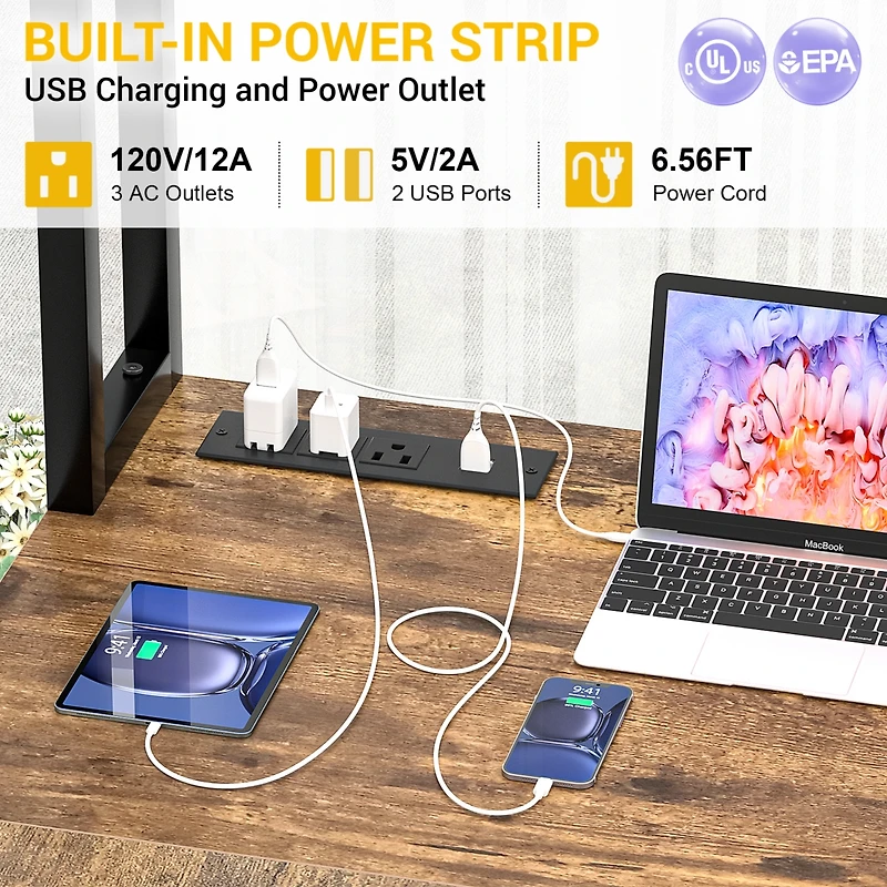 Aheaplus L-Shaped Desk with Hutch & Power Outlet, Corner Computer Led Lights