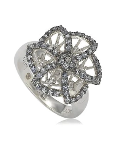Suzy Levian Sterling Silver Sapphire Created White Sapphire Flower Ring