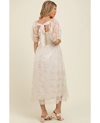 Pinkblush Women's Cream Floral Mesh Overlay Tie Back Maternity Midi Dress