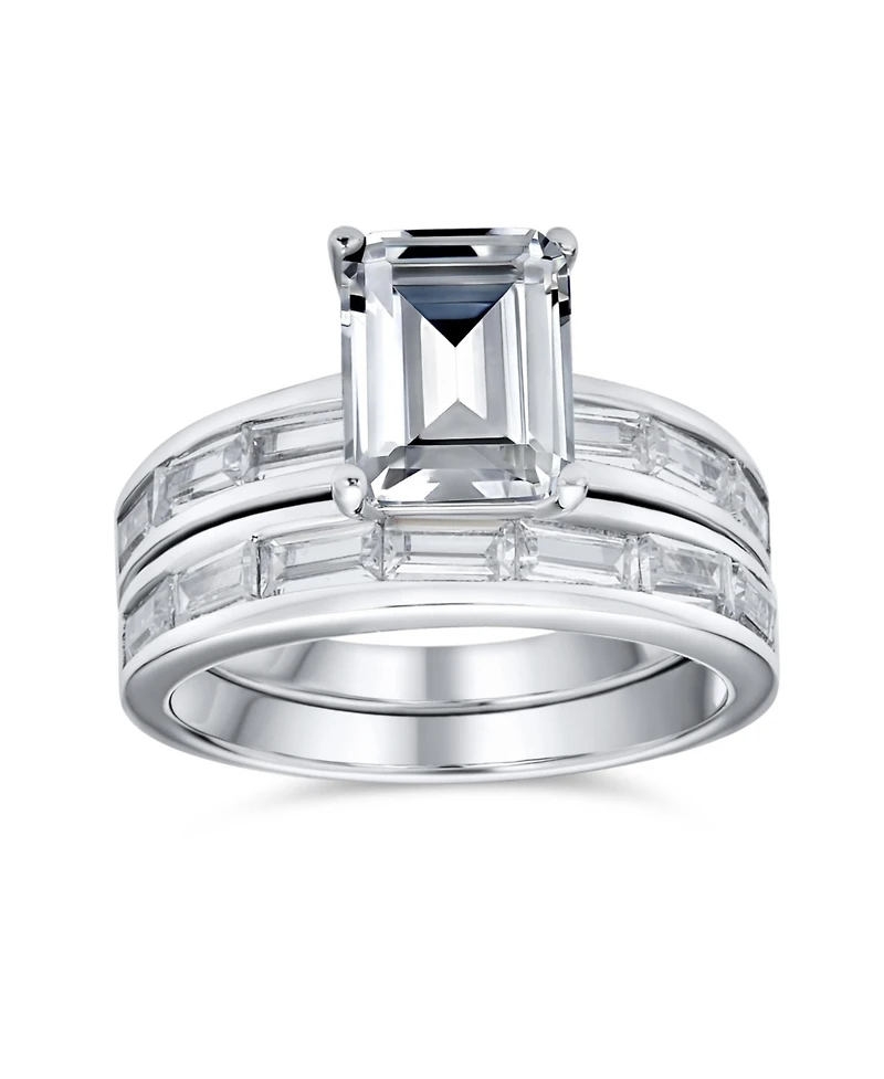 Bling Jewelry Art Deco Style 2CT Cz Emerald Cut & Channel Baguette Band Promise Ring Set Sterling Silver
