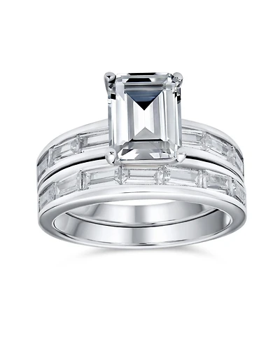 Bling Jewelry Art Deco Style 2CT Cz Emerald Cut & Channel Baguette Band Promise Ring Set Sterling Silver