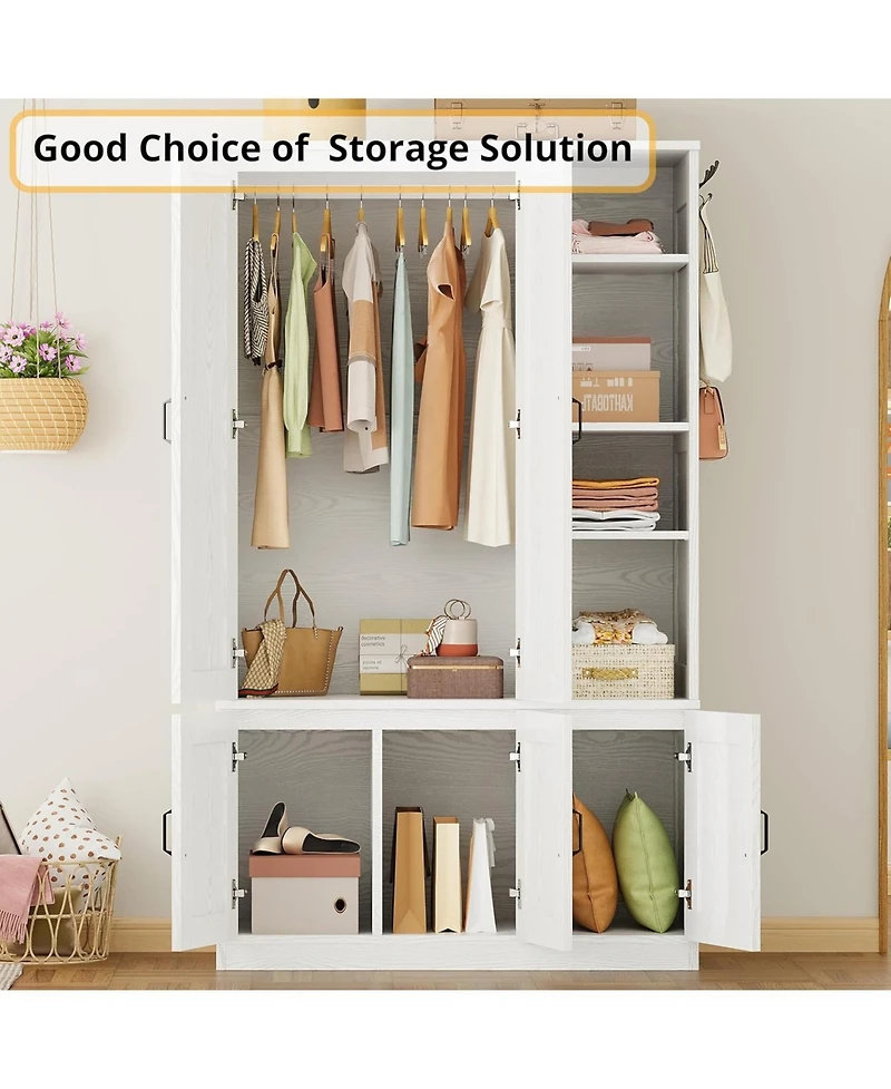 Wooden Wardrobe with 4 Storage Shelves and Hanging Rod, White
