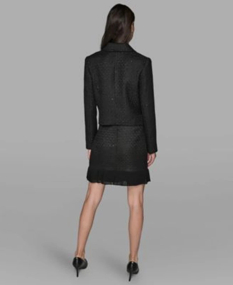 Karl Lagerfeld Paris Womens Novelty Cropped Button Front Jacket Button Detail Top Pleated Mini Skirt