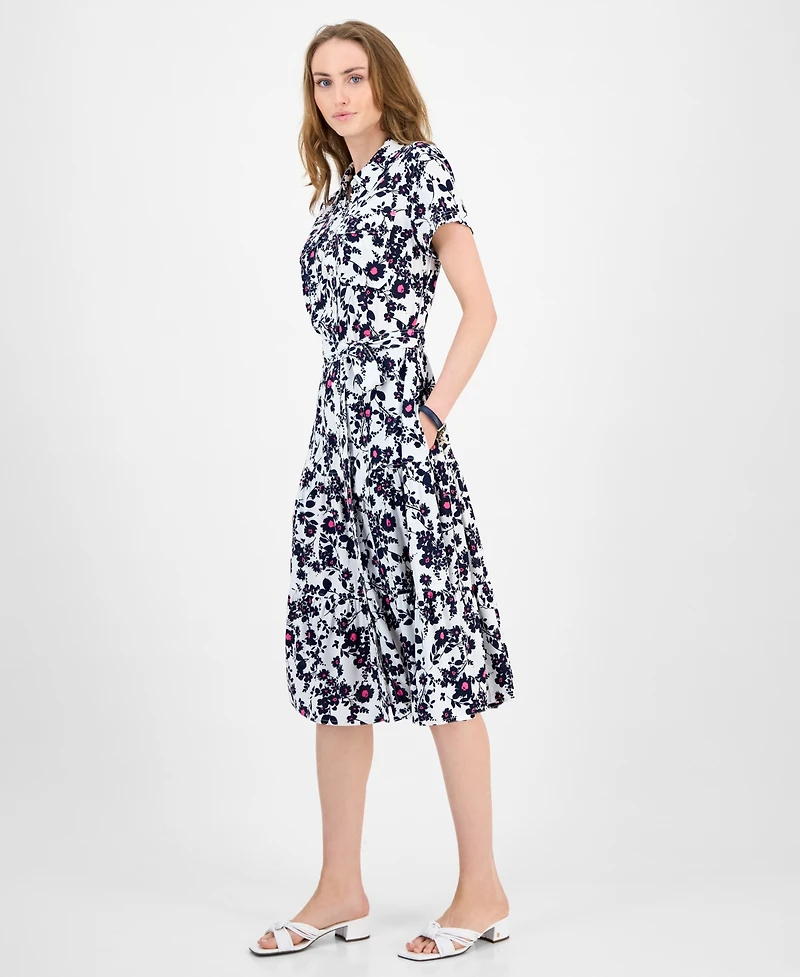 Tommy Hilfiger Women's Floral Belted Tiered Shirtdress