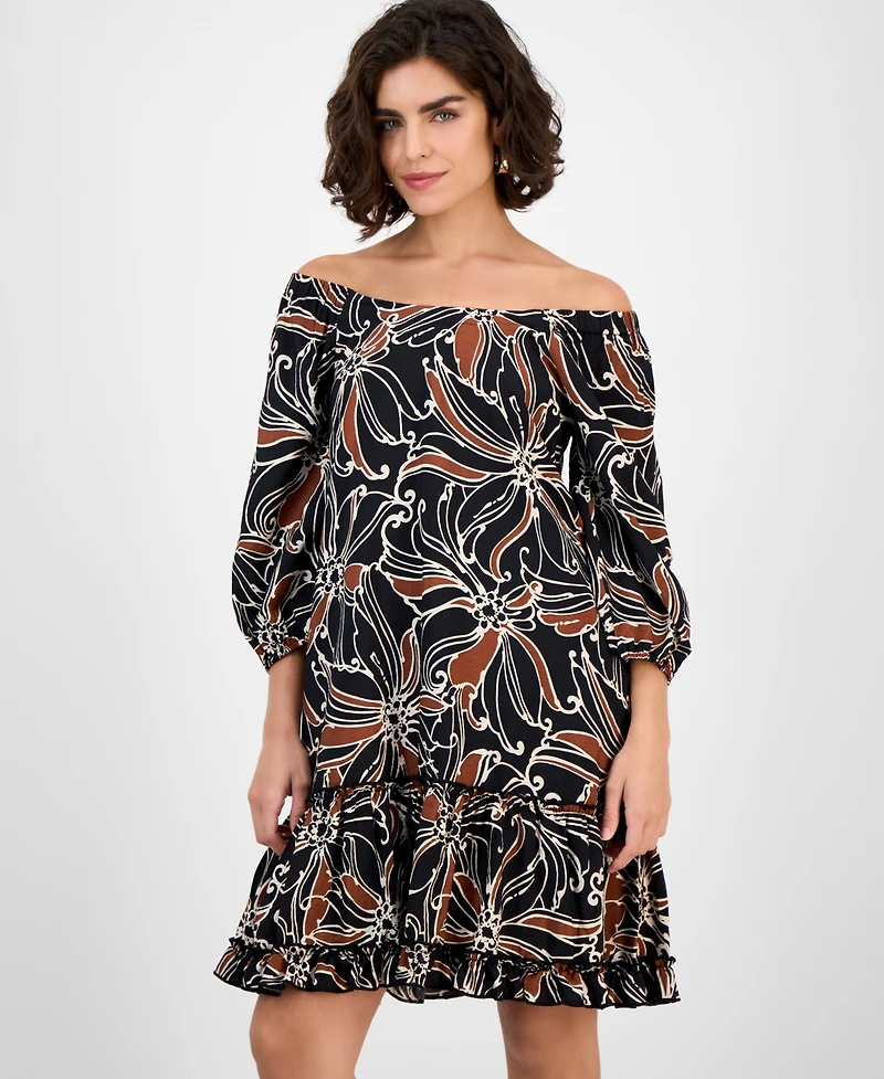 Robbie Bee Women's Square-Neck Ruffle-Trim 3/4-Sleeve Dress