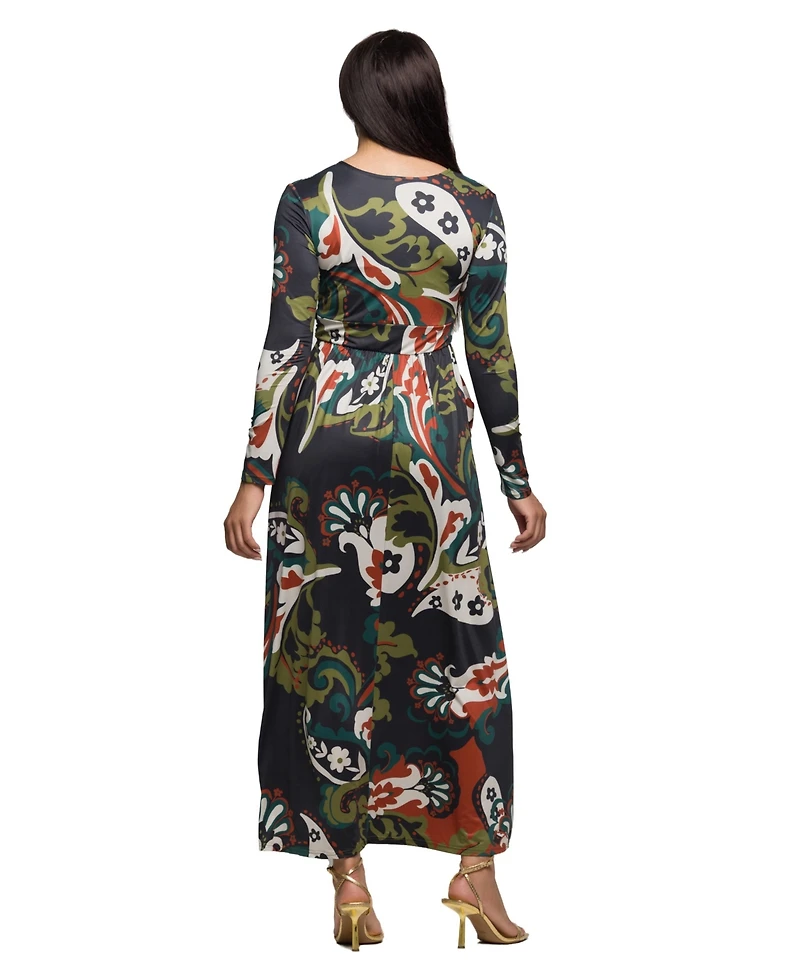 24seven Comfort Apparel Women's Green Paisley Print Long Sleeve Wrap Maxi Dress