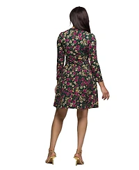 24seven Comfort Apparel Women's Floral Print Long Sleeve Fit and Flare Mini Dress